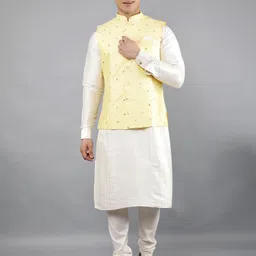 Manish Creations Mandarin Collar Straight Kurta With Churidar And Nehru Jacket image 5