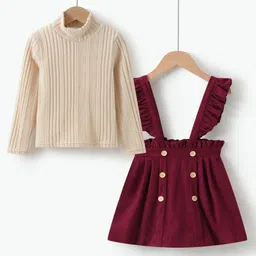 Kookie Kids Full Sleeves Winter Wear Top & Skirt Set with Frill & Button Detailing - Maroon & Cream-picture-11