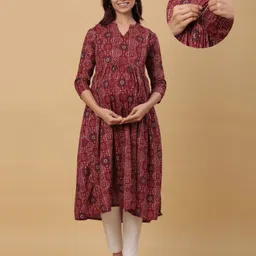 CRAFIQA Three Fourth Sleeves Floral Printed Maternity Kurta With Concealed Zipper Nursing Access - Maroon-picture-15