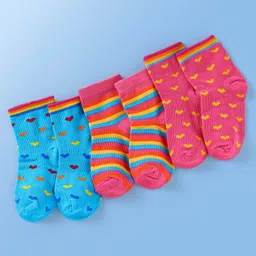 Doodle Poodle Cotton Knit Ankle Length Heart & Strips Design Socks Pack of 3 -Dark Pink & Light Blue-image-63