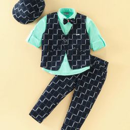 Dapper Dudes Full Sleeves Abstract Printed Waistcoat With Shirt Bow Cap & Pant - Navy Blue-image-94