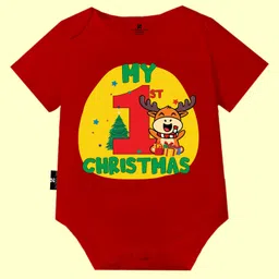The Peppy Tend Christmas Theme 100% Cotton Half Sleeves My 1st Christmas Text Printed Onesie - Red-picture-19