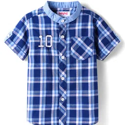 Babyhug Cotton Woven Half Sleeves Shirt With Mandarin Collar & Check - Navy Blue-picture-24