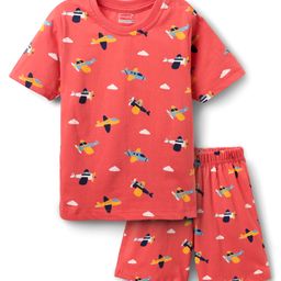 Babyhug Cotton Knit Half Sleeves Co-ords Short Night Suit With Aeroplane Print - Red-picture-4