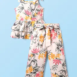 CrayonFlakes Rayon Knit Sleeveless Floral Printed Bow Applique Detailed Coordinating Top & Palazzo Set - Off White-picture-19