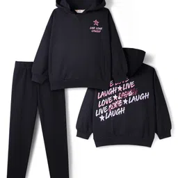 Primo Gino 100% Cotton Knit French Terry Full Sleeves Hooded Sweatshirt with Joggers Co-Ord Sets with Sequins Star & Laugh Live Text Print - Black-image-95