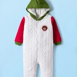 Babyhug Knit Full Sleeves Winter Wear Hooded Romper With Cable Knit Design & Bear Patch - White Red & Green-picture-17
