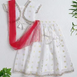 The Magic Wand Cotton Woven Half Sleeves Floral Foil Printed & Gota Lace Embellished Lehenga Choli With Dupatta Set - White-picture-26