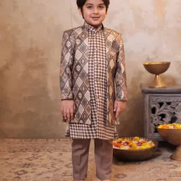 AJ Dezines Jacquard Woven Full Sleeves Geometric Printed Kurta & Pant With Sherwani Jacket Set - Brown image 1