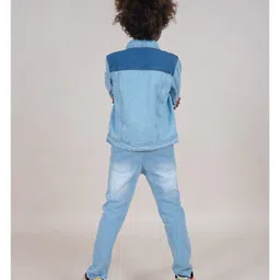 Kiddopanti Cotton Half Sleeves Solid Tee With Denim Jeans & Jacket Set - White & Light Blue image 3