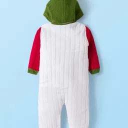 Babyhug Knit Full Sleeves Winter Wear Hooded Romper With Cable Knit Design & Bear Patch - White Red & Green image 2