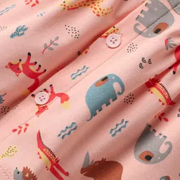 Child World Interlock Knit Half Sleeves Front Open Frock with Jungle Theme Print - Pink image 3