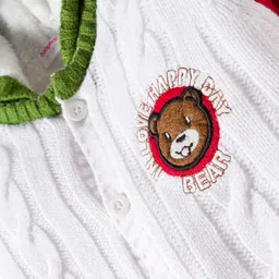 Babyhug Knit Full Sleeves Winter Wear Hooded Romper With Cable Knit Design & Bear Patch - White Red & Green image 3