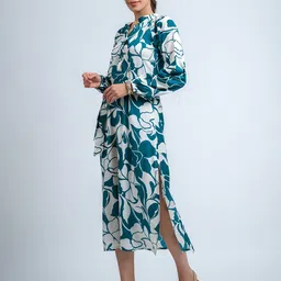 The Roadster Lifestyle CO Printed Puff Sleeve Mandairan Collar Fit And Flare Midi Dress image 4