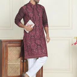 Jompers Men Floral Embroidered Regular Thread Work Kurta with Pyjamas image 5