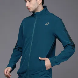 ASICS Men Teal Blue Solid Lightweight Sporty Running Jacket with Print Detail image 4