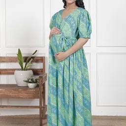 KALINI Women Maternity Ethnic Motifs Printed V Neck Maxi Dress-image-10