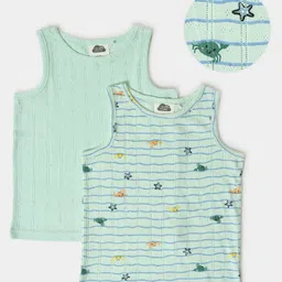 Mi Arcus 100% Cotton Pack Of 2 Sleeveless Sea Life Theme Printed Self Design Vests - Green-picture-19