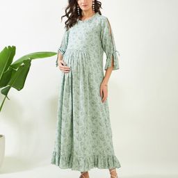 The Kaftan Company Three Fourth Sleeves Seamless Butterfly Printed Maternity Dress With Concealed Zipper Nursing Access - Green-picture-13