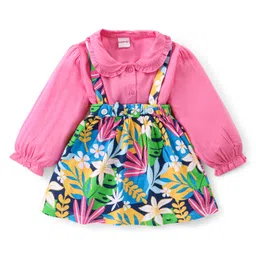 Babyhug Single Jersey Knit Full Sleeves Solid Colour Peter Pan Collared Top & Floral Printed Skirt - Pink & Blue-picture-15