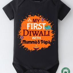 BLUSHES Diwali Theme 100% Cotton Half Sleeves My First Diwali With Mumma & Papa Text Printed Onesie - Black-picture-41
