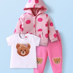 Babyhug Terry Knit Full Sleeves Polka Dots Front-Zipper Hooded Jacket with Bear Print T-Shirt & Joggers Set - Pink & White-picture-19