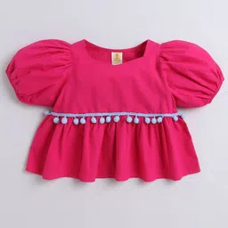 Aww Hunnie 100% Cotton Half Puffed Sleeves Tassels Detailed Peplum Top - Pink-image-58