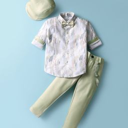 Rikidoos Full Sleeves Abstract Printed Shirt & Pant With Cap Bow & Suspender Set - White & Pista-picture-1