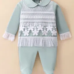 ToffyHouse Interlock Knit Full Sleeves Footed Sleep Suit with Lace Detailing - Sea Green-image-84