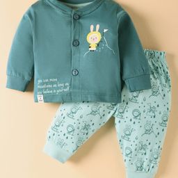 CUCUMBER Interlock Knit Full Sleeves Bunny & Text Printed Front Open Night Suit - Teal Blue-picture-33