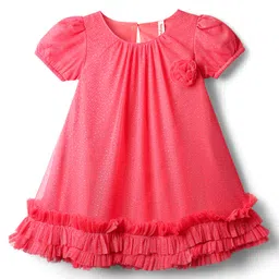 Babyhug Woven Half Sleeves Shimmered Partywear Dress With Frill Detailing & Floral Applique - Pink-picture-36