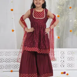 Little Bansi 100% Cotton With Chanderi Silk Woven Sleeveless Floral & Zari Work Embroidered Kurti With Coordinating Sharara & Dupatta - Maroon-picture-22