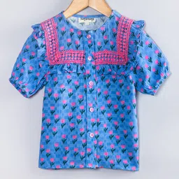 Hugsntugs Cotton Woven Half Puffed Sleeves Floral Printed & Lace Embellished Frock Style Top - Blue-picture-33