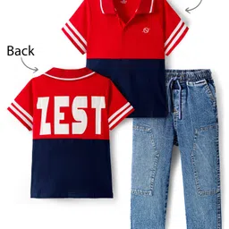 OLLINGTON ST. Cotton Knit Half Sleeves Polo T-Shirt & Denim Joggers Set with Zest Text Print - Red Navy Blue & Blue-picture-22