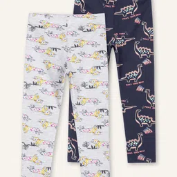 Ariel Cotton Knit Pack Of 2 Dinosaurs & Cats Printed Leggings - Grey & Navy Blue-picture-17