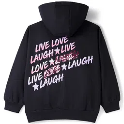 Primo Gino 100% Cotton Knit French Terry Full Sleeves Hooded Sweatshirt with Joggers Co-Ord Sets with Sequins Star & Laugh Live Text Print - Black image 3