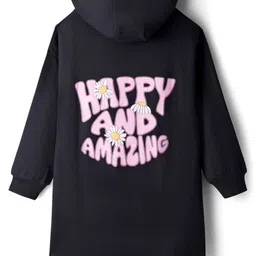 Primo Gino 100% Cotton French Terry Full Sleeves Oversized Hooded Sweatshirt Dress with Front & Back Text Graphic - Black image 4