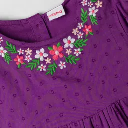 Babyhug Cotton Woven Half Puffed Sleeves Tiered Frock with Floral Embroidery - Purple image 5