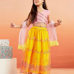 Vastramay Sleeveless Ready To Wear Striped Designed Gota Patti Lace Embellished Choli With Floral Sequin Embellished Net Lehenga & Dupatta - Pink & Yellow-picture-16