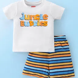 Babyhug Cotton Knit Half Sleeves Night Suit With Striped & Text Print - Multicolor-image-80