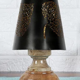 Devansh Leaf Metal Etching Table Lamp With Natural wood Round Base-picture-16
