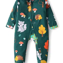 Babyhug Cotton Knit Full Sleeves Footed Sleepsuit with Animal Print - Dark Green-picture-30