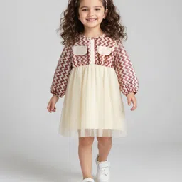 Mark & Mia Woven Full Sleeves Frock with Chevron Pattern & Bow Applique Headband - Cream & Red-picture-21