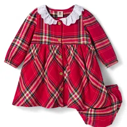 ToffyHouse Cotton Woven Full Sleeves Checkered Frock With Peter Pan Collar - Maroon-picture-19