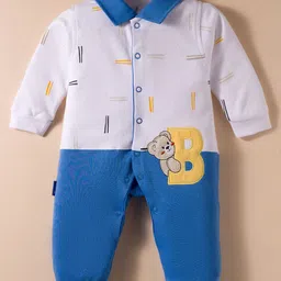 Child World Interlock Knit Full Sleeves Printed Romper With Teddy Bear Patch - Blue & White-image-58