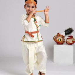Dapper Dudes Janmashtami Theme Full Sleeves Lord Krishna Costume Set - White-picture-10