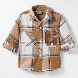 Little Kangaroos Cotton Woven Full Sleeves Checkered Shirt - Tan & White-picture-32