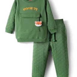 Babyhug Terry Knit Full Sleeves T-Shirt & Lounge Pant Set With Text Embroidery & Animal Applique - Green-picture-11