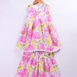 M'andy Woven Sleeveless Floral Printed & Lace Detailed Coordinating Kurti Sharara Set - Pink-picture-20