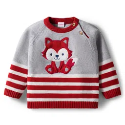 Babyhug Organic Cotton Knit Full Raglan Sleeves Striped Pullover Sweater Set with Cap & Fox Patch Detailing - Rust Orange image 2